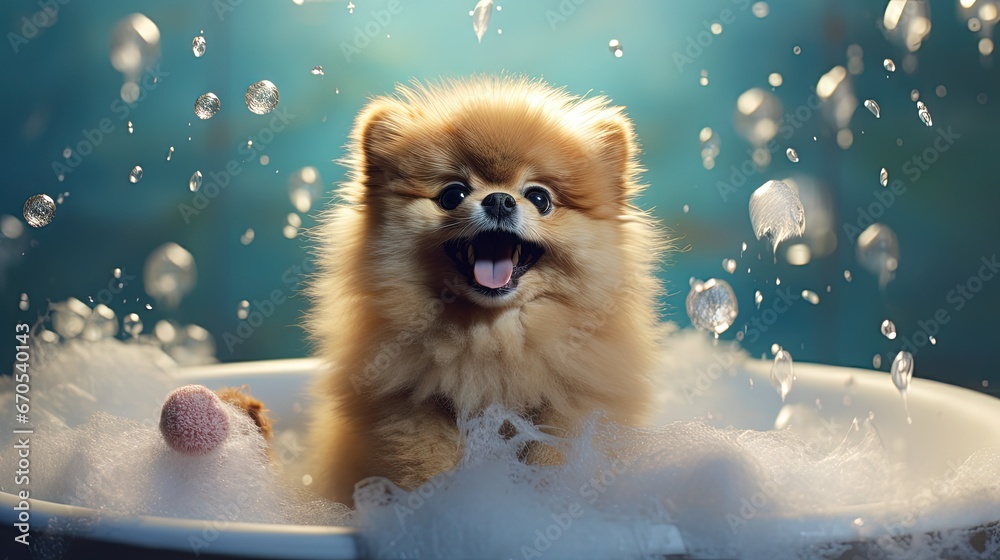 Wall mural Bathing of the funny pomeranian dog. Dog taking a bubble bath. Grooming dog.