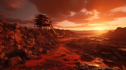 Sunset over Australian mine, late afternoon sunset over mine pile showing a a bright red sun shining on the elevators from the pile the ore gets crushed by a large sagmill.