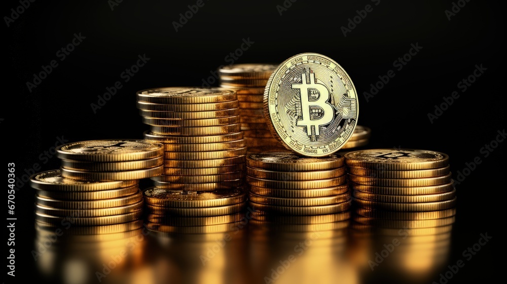 Poster Bitcoin cryptocurrency black background with copy space use for banner, Investment trading. 3D BTC Blockchain Crypto currency Concept, gold Coins stacking 3d rendering.