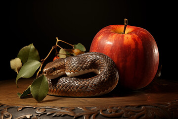 photo capturing an apple with a serpent coiled around it, symbolizing temptation and the Fall.
