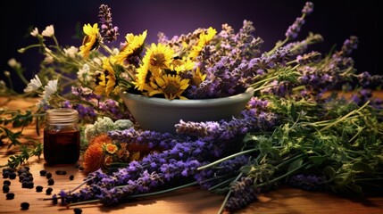 Medicinal herbs Alternative medicine, naturopathy, phytotherapy. Natural self-care product, herbal...