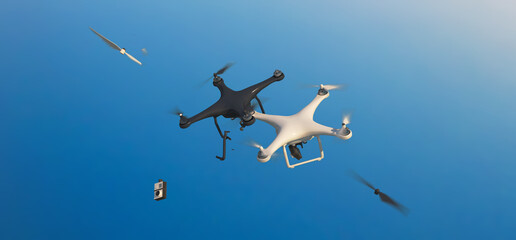 Two drones (copters) colliding with each other in the air. This image is suitable for demonstrating potential hazards and risks, as well as the importance of following safety measures.3D Illustration