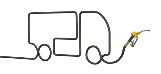 Fuel hose and metering nozzle from the gas pump on a white background. The hose is shaped like a truck. The idea of the fuel industry and how it relates to the automotive industry. 3d render