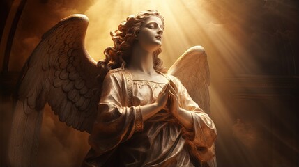 Profile of an ancient statue of angel with cross in sun rays as symbol of Christianity, death and resurrection of Jesus Christ. - obrazy, fototapety, plakaty