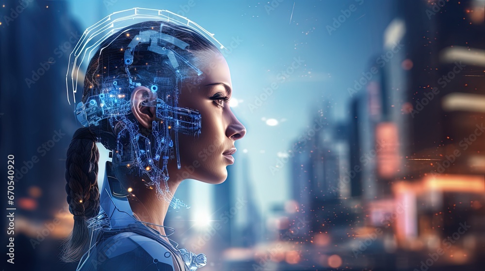 Aufkleber Cyborg head using artificial intelligence to create digital interface on city bokeh background 3D rendering