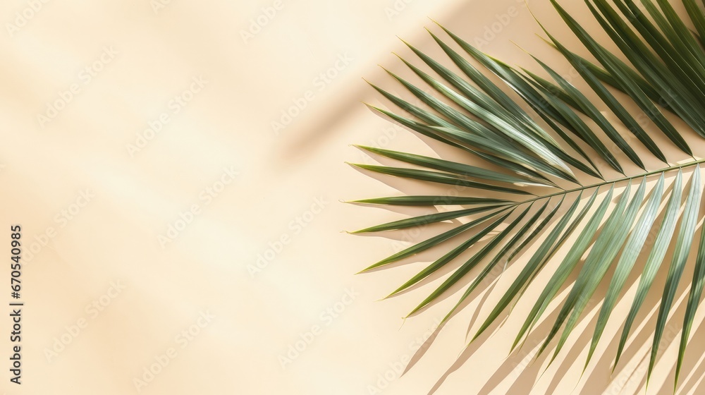 Wall mural Top view of green tropical leaf shadow on sand color background. Flat lay. Minimal summer concept with palm tree leaf. Creative copyspace. - Wall murals