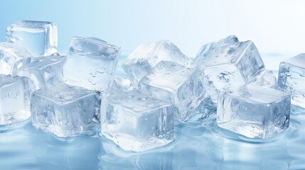Natural crystal clear melting ice cubes on white reflective surface background.