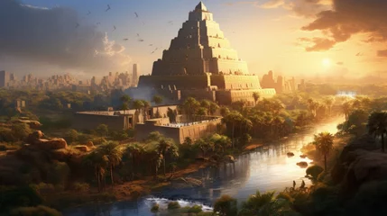 Photo sur Plexiglas Vieil immeuble Ancient city of Babylon with the tower of Babel, bible and religion, new testament, speech in different languages,Illustration