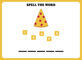Spell the word. Educational spelling game for kindergarten or elementary students. Printable worksheet design for kids. Learning english vocabulary. Simple vector illustration of a pizza.