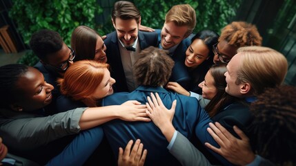 A team of colleagues hugging each other