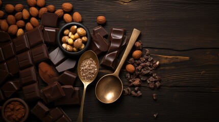 Handmade chocolate with hazelnuts, dark chocolate pieces, cocoa in a vintage spoon, chocolate truffles on a dark wooden background top view. Chocolate variety concept.