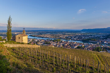 Fototapeta na wymiar Grand cru vineyard and Chapel of Saint Christopher, Tain l'Hermitage, Rhone-Alpes, France