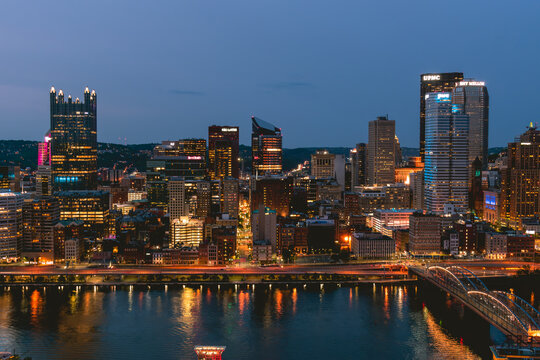 Downtown skyline after sunset on May 18, 2023 in Pittsburgh, Pennsylvania