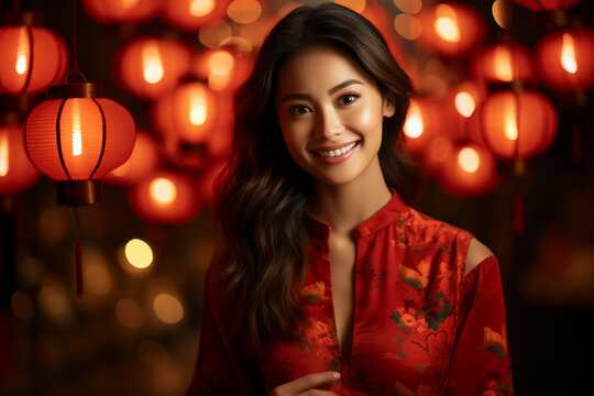 luxurious asian woman wearing expensive red dress during christmas time. 