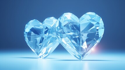 Fototapeta premium Blue Crystal Hearts on Isolated Background with Copy Space