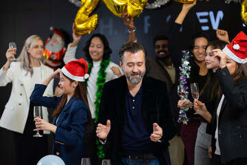 dance happy new year 2024 new year holidays. Business people celebrate and dancing on event happy...