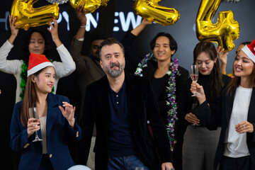 dance happy new year 2024 new year holidays. Business people celebrate and dancing on event happy new year party at office. Celebration Success Concept