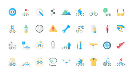 Cyclists gears and electric or mountain bike elements, mobile tracker for bicycle sharing and rental. Bike shop, repair service and rent flat icons set vector illustration. - obrazy, fototapety, plakaty