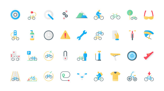 Cyclists gears and electric or mountain bike elements, mobile tracker for bicycle sharing and rental. Bike shop, repair service and rent flat icons set vector illustration.