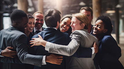 A team of colleagues hugging each other - Powered by Adobe