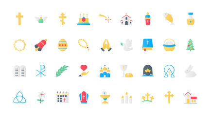 Christian religion flat icons set vector illustration. First communion and worship symbols, Christmas and Easter religious celebration, catholic and baptism church and holy Bible.