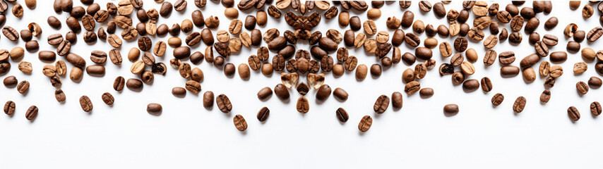 Naklejka premium Brown coffee beans scattered isolated on white background banner, texture