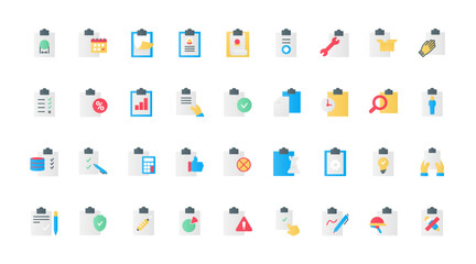 Task list and medical form, approved work project with tick, data record with pencil or pen, test questionnaire and contract. Documents on clipboards, flat icons set vector illustration.