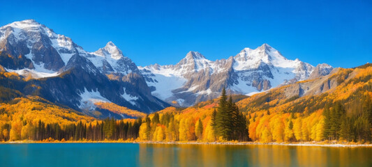 Landscape of mountains and lake. 
