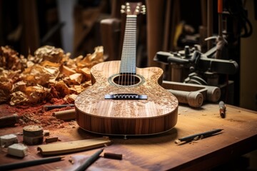 Handmade Guitar in the Workshop: A crafted guitar meticulously made by hand - obrazy, fototapety, plakaty