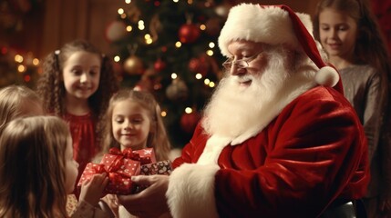 Fototapeta na wymiar Santa Claus distributing gifts to enthusiastic child
