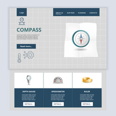 Compass flat landing page website template. Depth gauge, speedometer, ruler. Web banner with header, content and footer. Vector illustration.