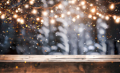 Christmas background, empty wooden tabletop against snowy forest background, sparkling garlands, lights, bokeh