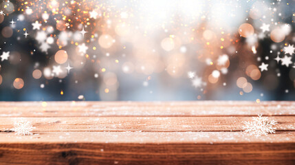 Naklejka na ściany i meble Empty wooden tabletop on background of Christmas lights, sparkling garlands, bokeh, copy space. Postcard, flyer