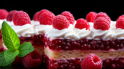 Top view of fresh raspberry slice on sweet cake.