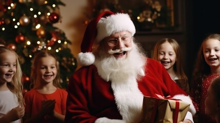 Fototapeta na wymiar santa claus give gift boxes to many childrens