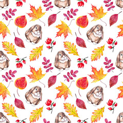 Obraz premium Autumn seamless pattern. Cute background. Watercolor illustration with autumn leaves, berries and hare.