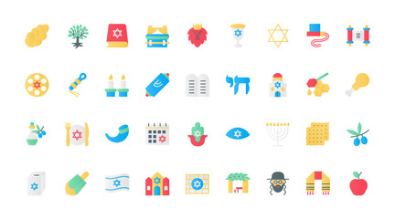 Judaism flat icons set vector illustration. Israel religion symbols with Hanukkah and Jewish synagogue, Star of David and Torah scroll, rabbi and challah bread, hamsa and dreidel.