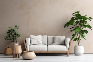 Modern minimalistic living room interior with a cozy sofa and houseplants.