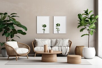 Modern minimalistic living room interior with comfortable furnishings and indoor plants.