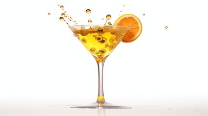 Orange juice splash in martini glass with slice of orange on white background. Cocktail Concept With Copy Space