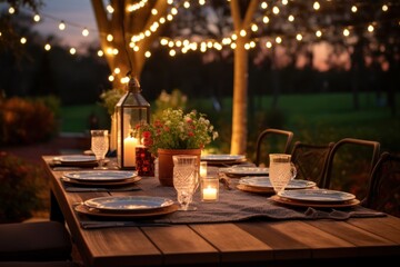 Fototapeta premium Romantic outdoor dinner setting with string lights, wine, and gourmet food.