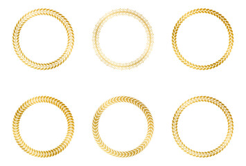 Collection of round golden frames from laurel branches with foliage. Vector illustration - obrazy, fototapety, plakaty