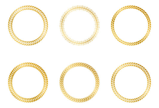 Collection of round golden frames from laurel branches with foliage. Vector illustration