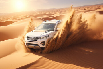 White SUV with motion blur effect driving on a sandy desert road. - obrazy, fototapety, plakaty