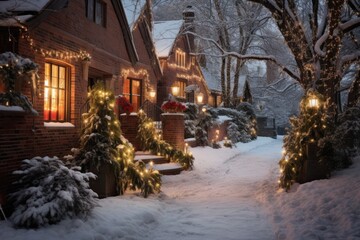 Fototapeta na wymiar Snow-covered brick pathway leading to a warmly lit home.