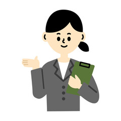 クリップボードを持って立っている　スーツの女性　ビジネス　イラスト　上半身	