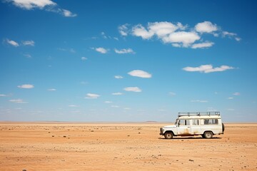 Vintage Off-Road 4x4 Car Parked Amidst Majestic Desert Dunes on Clear and Sunny Summer Day