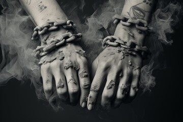  The hands of the man are restrained with chains in the smoke - obrazy, fototapety, plakaty