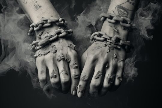  The hands of the man are restrained with chains in the smoke