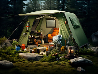 Beautiful camping spot in the forest beside a large lake